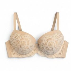 Victoria's Secret Bra Womens 32D Beige Dream Angels Lined Demi Lace Eyelash Trim